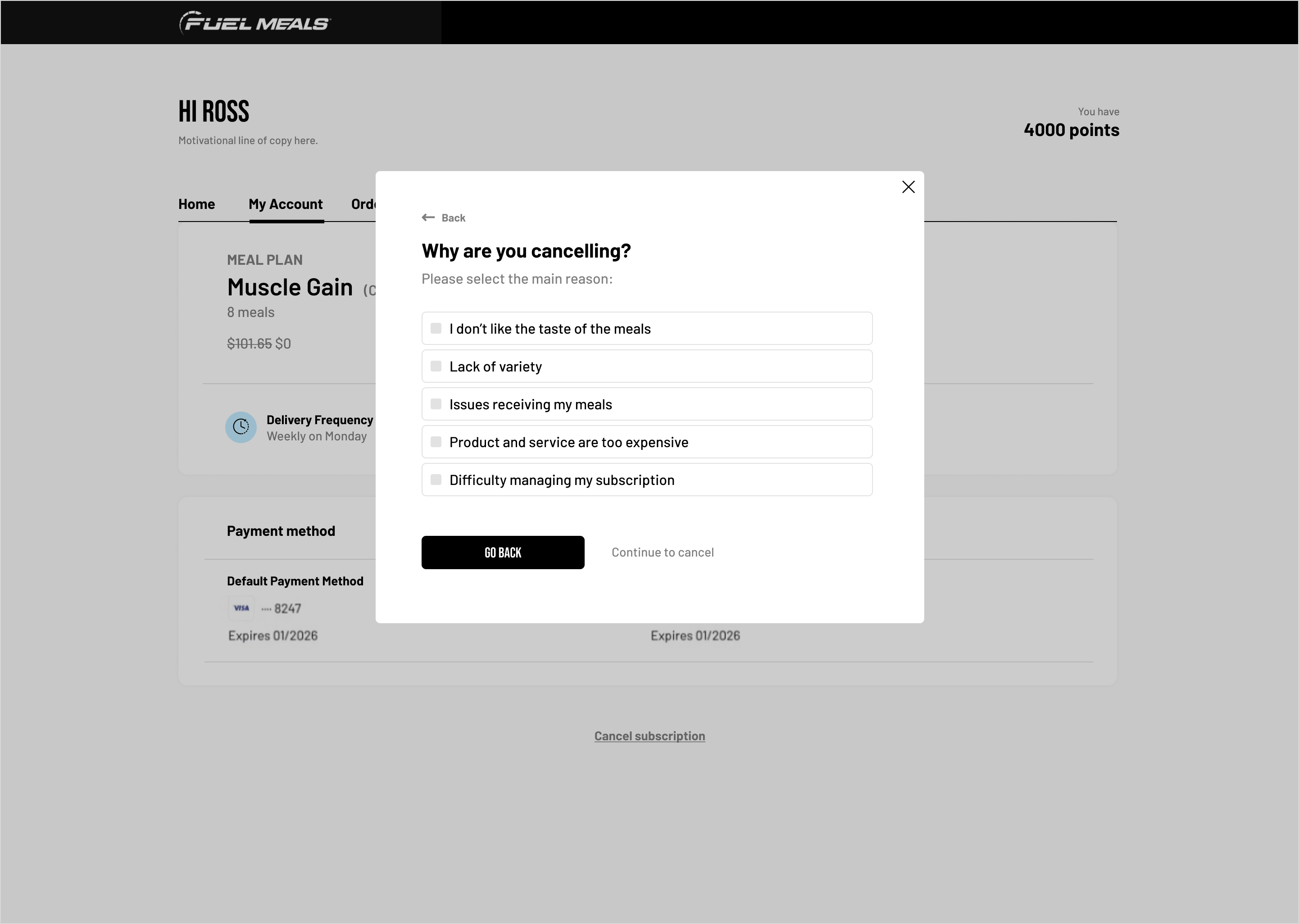 Fuel Meals cancellation flow screens